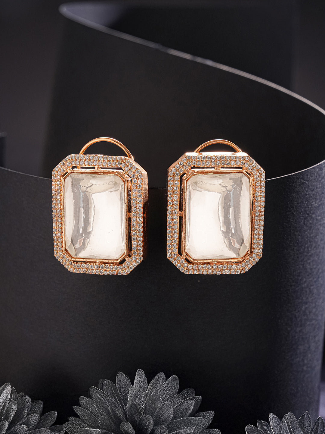 Gold Plated Uncut Polki Mossanite & AD Studded Geometric Designer Studds Earrings